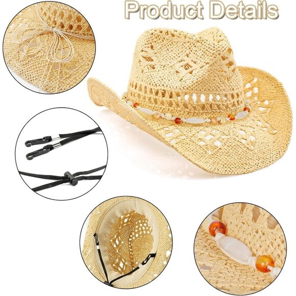 Women\'s Straw Wide with Shapeable Brim Cowboy Hatband Hat Beige + Orange White main image 4